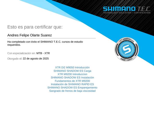 MTB XTR certification